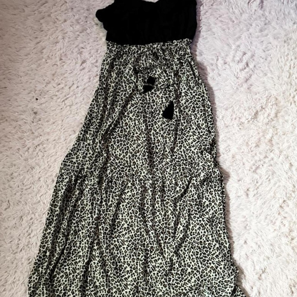 Cheetah Animal Print Tiered Flowy Goddess Zoological Tassled Maxi Dress Womens M